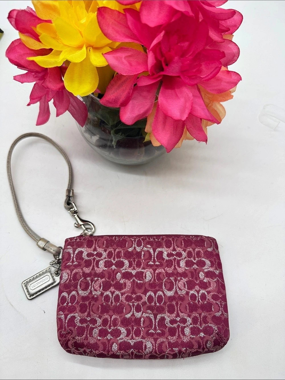 Coach Signature Embossed Patent Leather Medium Wristlet Pink & Silver